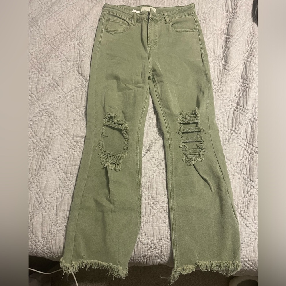 Sage green ankle flare cropped jeans